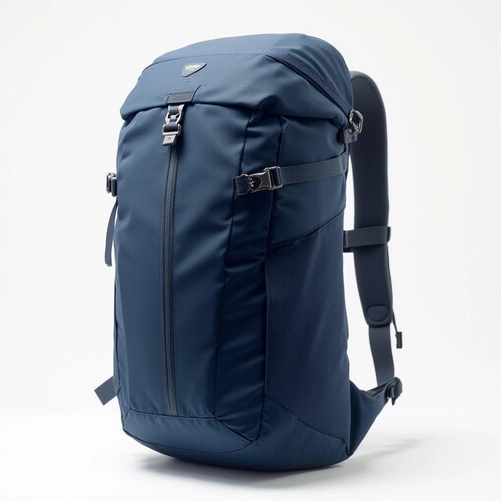 Alpine Weekender 45L pack in midnight navy blue with side-zip access visible and padded hip belt clearly shown