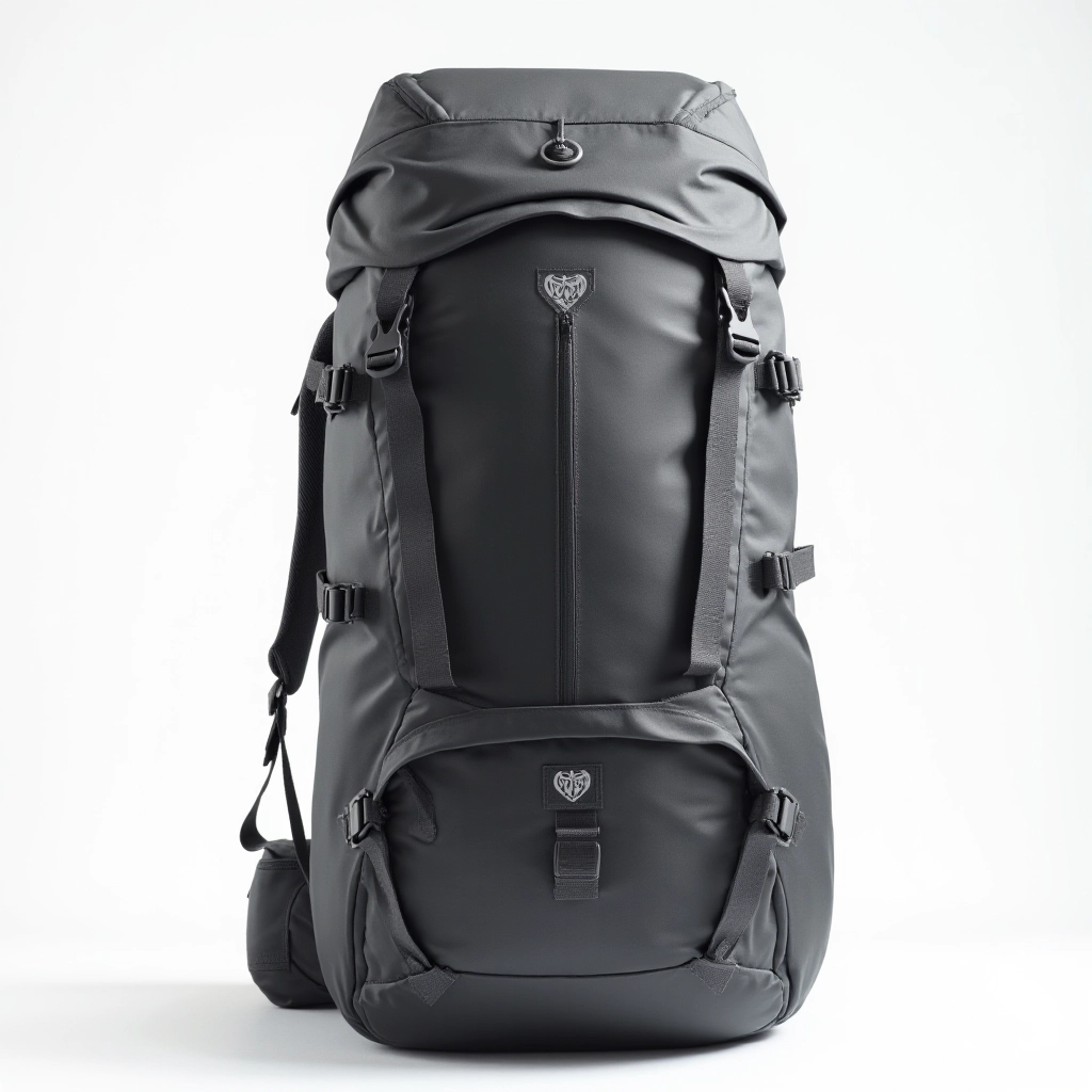 Ridge Alpine 60L hiking backpack in graphite gray with all straps and compartments visible, studio lighting on white background