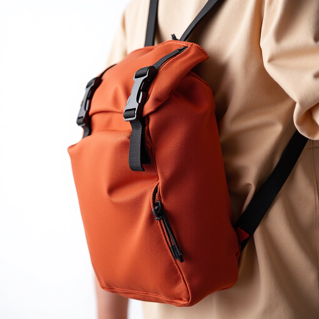 Close-up detail of rust sling pack showing 600D polyester texture, reinforced seams, and padded strap construction with professional studio lighting