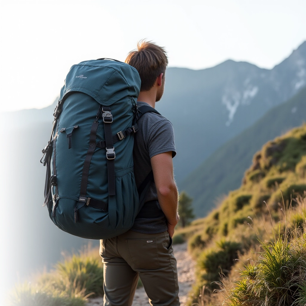 Hiker wearing fully loaded Ridge Alpine backpack on mountain trail with proper posture and weight distribution demonstrated