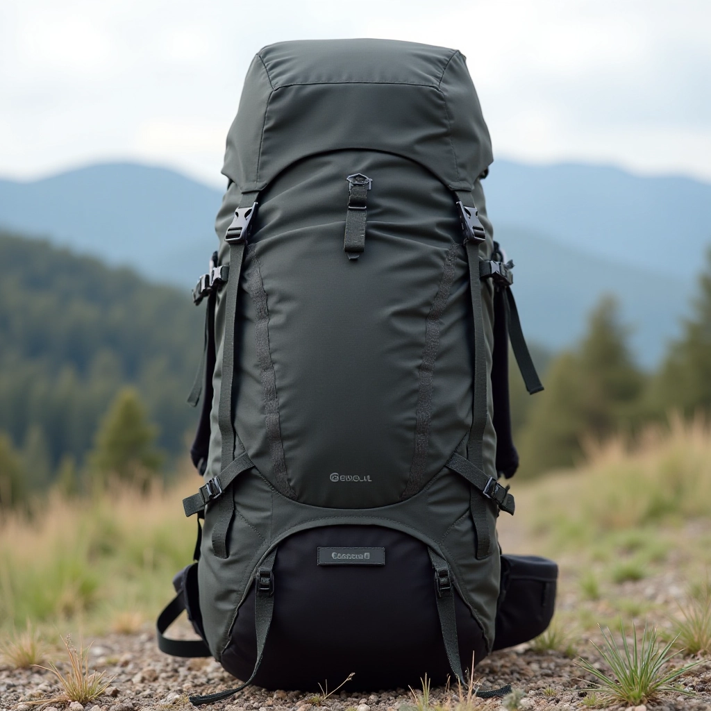 Professional hiking backpack displayed outdoors with scenic forest and mountain landscape backdrop in daylight