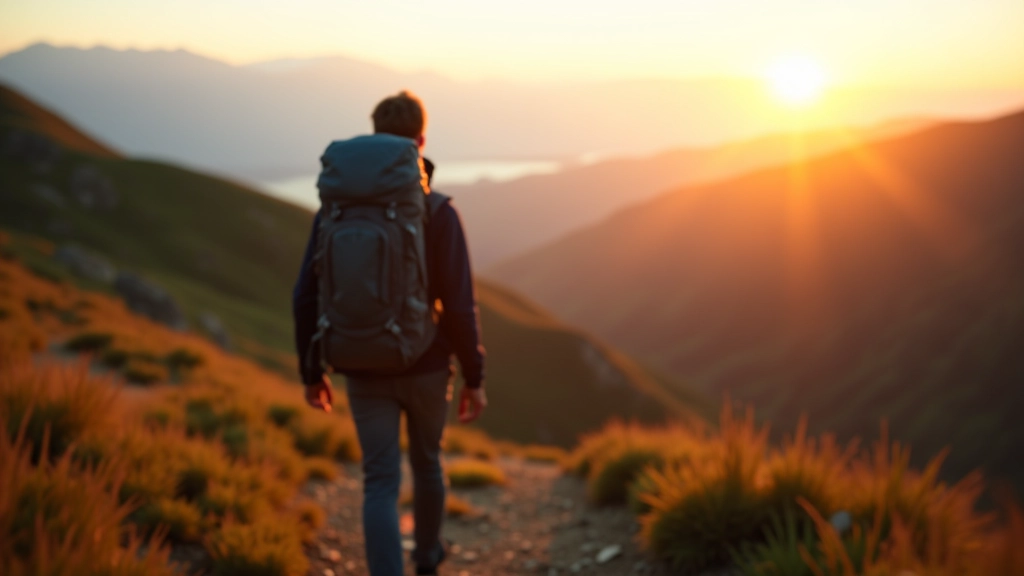 Hiker wearing premium backpack on scenic mountain trail