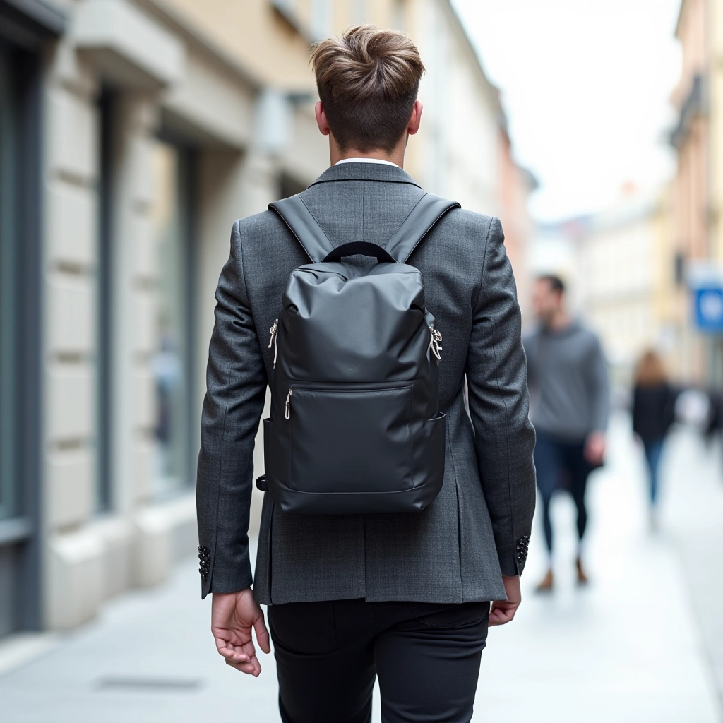 Person wearing Urban Commute 28L daypack in charcoal, walking through urban environment with city buildings in background