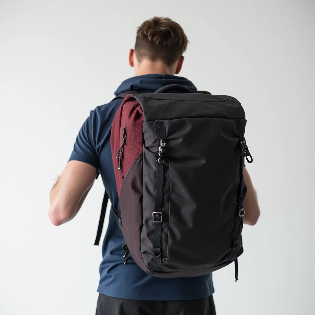 Person demonstrating proper pack loading technique with layered packing method shown in cross-section view
