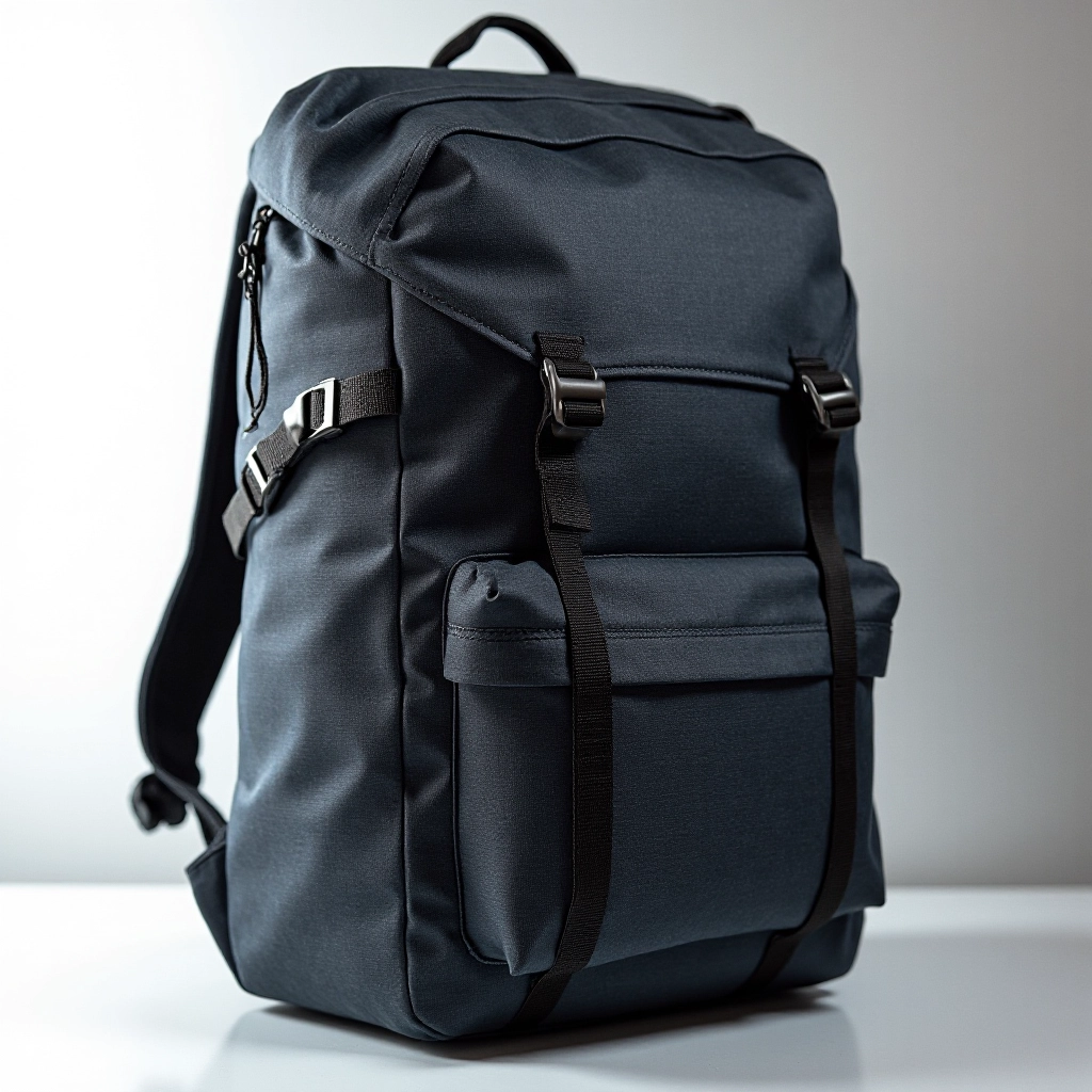 Close-up detail of Urban Commute daypack showing water-resistant fabric texture, stitching, and compartment design in charcoal color